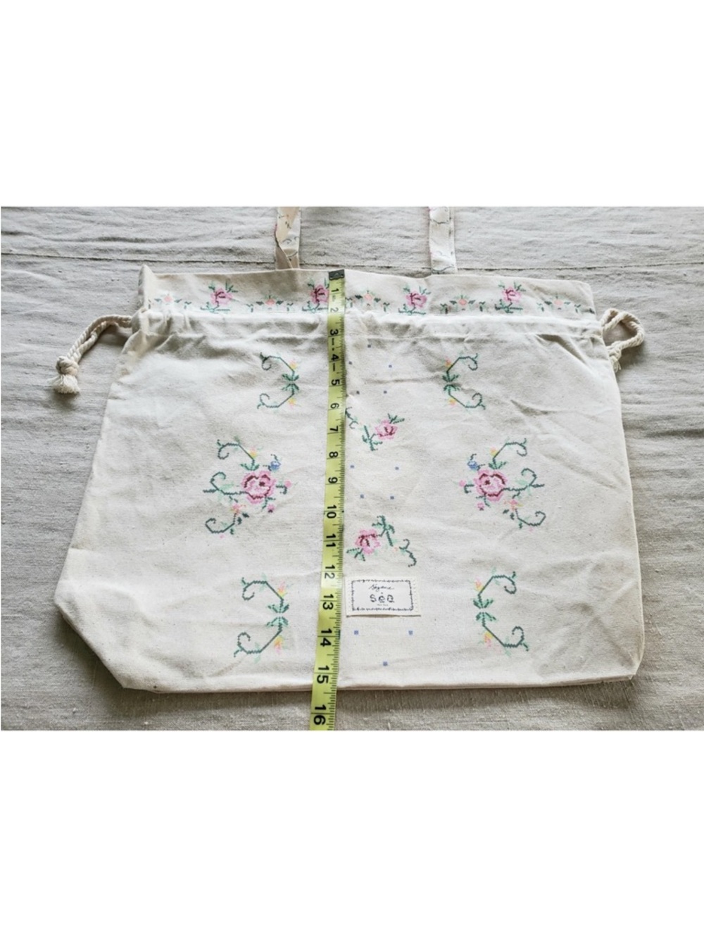 Sezane x Sea NY Floral Natural Cotton Canvas Drawstring Tote Bag - Picture 6 of 7
